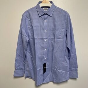 Haggar Mens Slim Fit Dress Shirt Blue Check Long Sleeve Button Up Size L 16 16.5